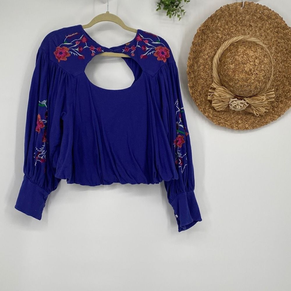 Free People Embroidered Balloon Sleeve Lita Boho Blouse Pullover Small - Picture 4 of 16